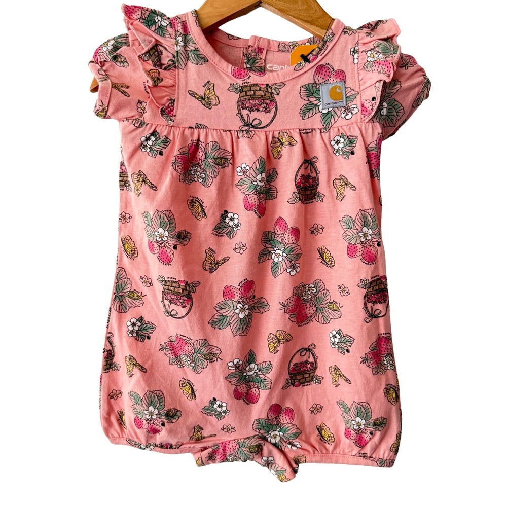Carhartt Pink Strawberry & Floral Baby Romper with Ruffle Sleeves